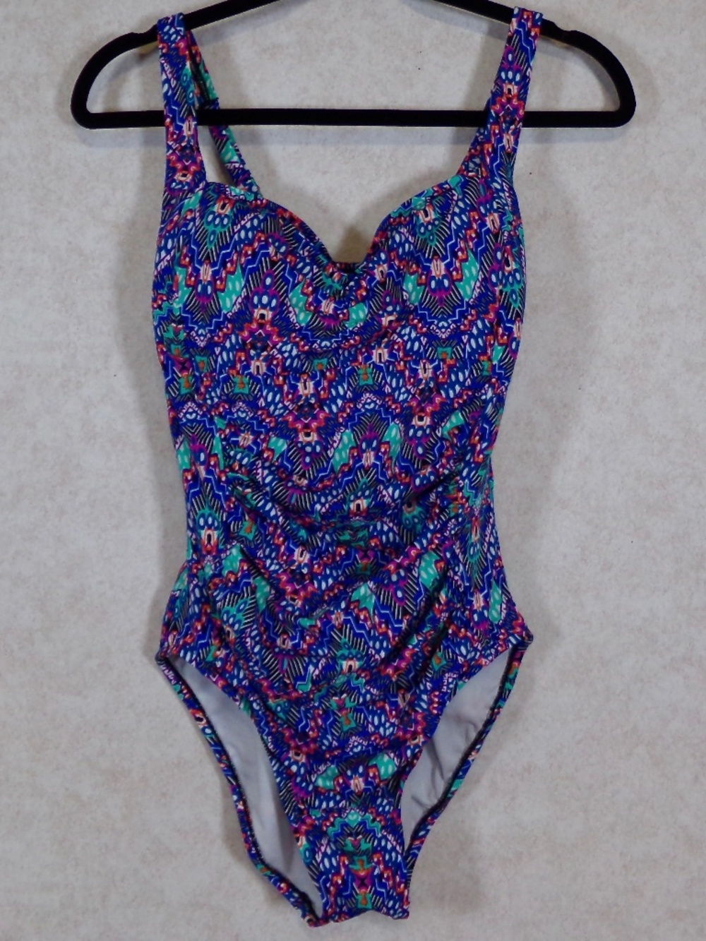 NWT Swim Solutions Shirred 1PC Navy Multi Swim, Bust,Tummy,Waist Support Size 12